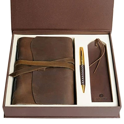 Image of Leather Journal Gift Set Handmade Antique Bookmark + Pen, Rustic Writing Notebook Present With Box Unlined Bound Daily Notepad For Men &amp; Women, Travel Diary Ideal To Write In 18x13cm