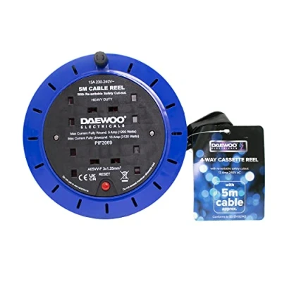 Image of Daewoo Extension Reel, Cassette 4 Gang, 5 Metre, Black And Blue