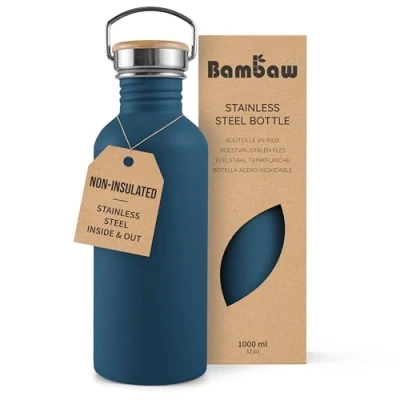 Image of Bambaw Stainless Steel Water Bottle 1l, Blue Bottle, Non Insulated Metal BPA Free Leakproof Reusable Aegean