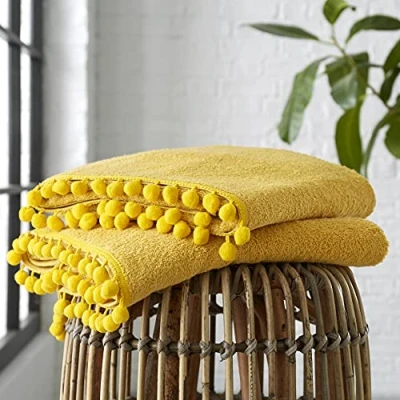 Image of GC GAVENO CAVAILIA Luxury 2PK Pom Pure Cotton 550 GSM Hand Towels OR Ultra Soft Super Absorbent, Egyptian, Ochre, Pack of 2 Bath Sheet