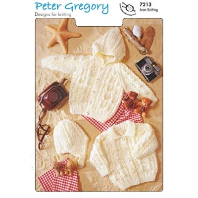 Image of Peter Gregory Knitting Pattern 7213 Hooded Jacket, Cardigan &amp; Hat In Aran Weight