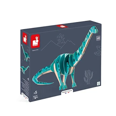 Image of Janod Children’s Diplodocus Dinosaur 3D Puzzle 42 Piece Construction Game FSC Cardboard Made in France 5 Years +, J05840, Blue
