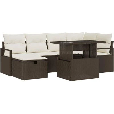 Image of vidaXL 7 Piece Garden Sofa Set with Cushions Brown Poly Rattan