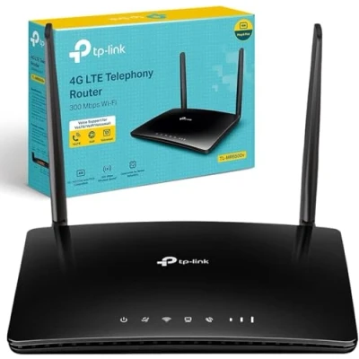 Image of TP Link N300 4G+Cat 4 LTE Telephony Wi Fi Router, SIM Slot Unlocked, Records up to 100 minutes of voicemail, No Configuration Required, Removable External Antennas, UK Plug, Black (TL MR6500v)