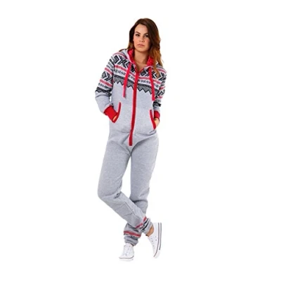 Image of Parsa Fashions New Womens Ladies Aztec Print Hooded Zip Up Onesie Jumpsuit, Silver Grey, S UK 8