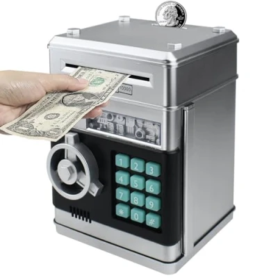 Image of HUSAN Electronic Money Bank, Password Piggy Bank Mini ATM Cash Coin Box for Kids, Best Birthday Gift Toy Children, Boys &amp; Girls (Silver)