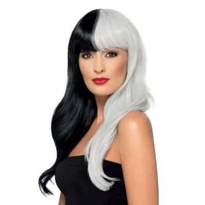 Image of Smiffys Deluxe Wig, Half &amp; With Fringe, Black Grey Heat Resistant/Styleable, Ladies Glamour Wigs Fancy Dress, Halloween Dress Up