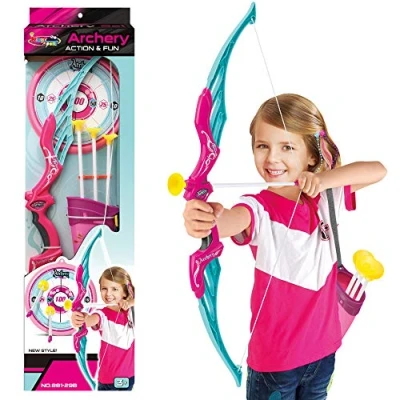 Image of URBN TOYS KIds Childrens Toy Archery Sets, Bow and 3 Arrows with Suction Cups, Outdoor Target Practising Shooting Game (Pink/Blue)