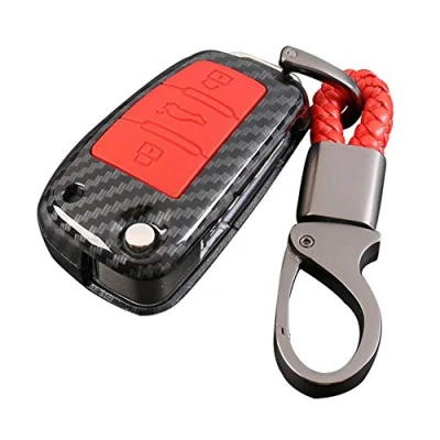 Image of Happyit ABS Carbon Fiber Shell + Silicone Car Key Case Cover Keychain for Audi Sline A3 A5 Q3 A6 C5 C6 A4 B6 B7 B8 TT 80 S6 3 Buttons (Red)