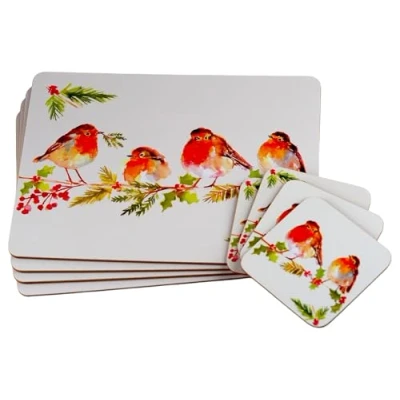 Image of LP Set Of 4 Winter White Robin Christmas Dinner Place Mats And Coasters