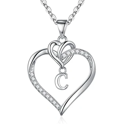Image of TINGN Heart Initial Necklaces for Women Girls, 14K White Gold Plated C Necklace Dainty Girls Cute Jewelry Gifts