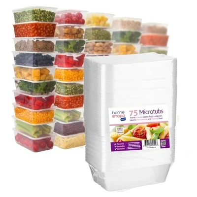 Image of HOMESHOPA Plastic Food Storage Containers, 75 Pack 500ml Clear Rectangular Microwave Takeaway Tubs with Lids, BPA Free Stackable Airtight Reusable, Dishwasher &amp; Freezer Safe