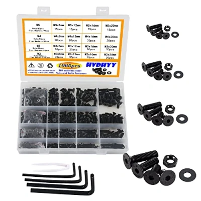 Image of HVDHYY 1065pcs Black Bolt and Nut set M2 M3 M4 M5 Machine Phillips Pan Head Screws &amp; Nuts Washers Assortment kit Button with a Reusable Storage Box (4 Hex Wrenches)