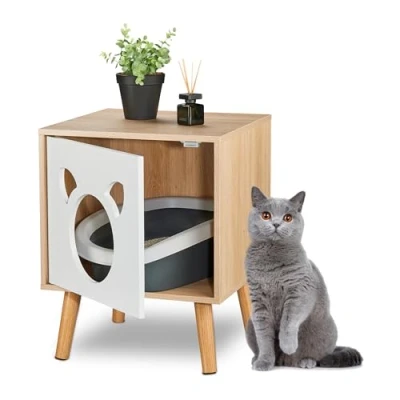 Image of Relaxdays Cat Cabinet, with Door, Wooden Cupboard Design, Litter Box, Pet House, HxWxD: 50 x 40 cm, Natural/White, Fibreboard