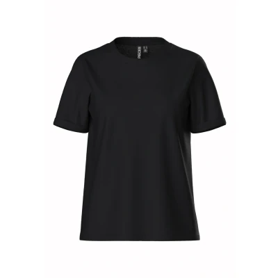 Image of Pieces Pcria FOLD UP Solid TEE Basic Tshirt, Women&#039;s, Size: Medium, Black