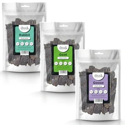 Image of Drool Pet Products 100% Pure Dried Fresh Meat Triple pack Rabbit, Goat, Goose Meaty Strips for Dogs 3 x 150g Air Nibbles Dog Chews &amp; Puppies