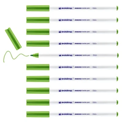 Image of edding 4600 textile pen light green box of 10 round nib 1 mm permanent fabric pens for drawing on textiles, wash resistant to 60 C