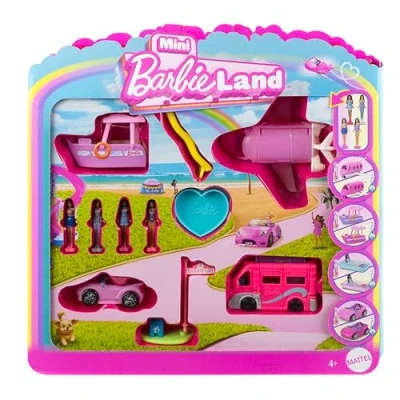 Image of Barbie Mini BarbieLand 4 Pack Doll &amp; Toy Vehicle Set with 1.5 inch Dolls Iconic Vehicles Color Change Surprise, JDB85