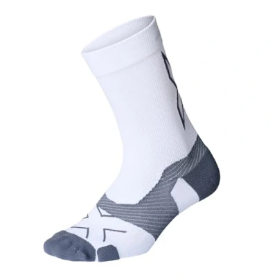 Image of 2XU Unisex Vectr Light Cushion Crew Socks Moisture Wicking, Breathable, and Supportive Athletic White/Grey Size Small