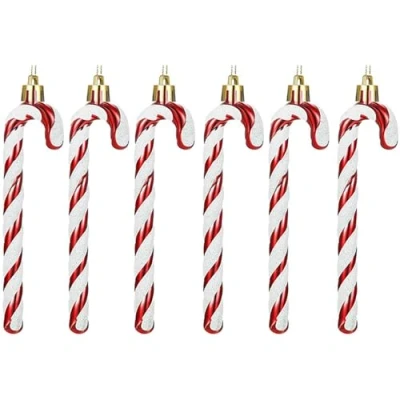 Image of 6 PCS 13cm Glitter Candy Cane Christmas Tree Decorations, Hanging Decoration Bauble Xmas Ornament, Red + White