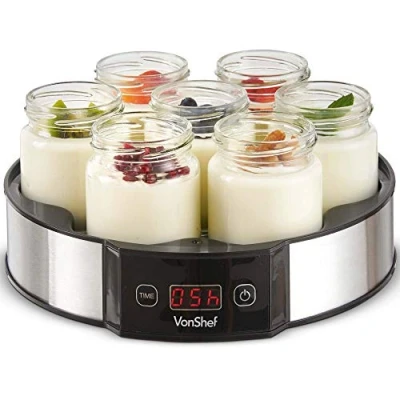 Image of VonShef Digital Yoghurt Maker with 7 Jars Electric, Compact, Stainless Steel Machine LED Display &amp; Timer, 180ml Glass Containers / Pots For Making Fresh, Healthy Homemade Desserts