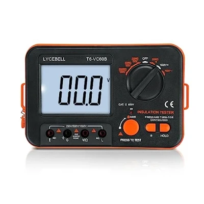 Image of LYCEBELL Digital Insulation Resistance Tester, Megohmmeter, 0.1 200 MΩ, 250V/500V/750V/1000V Test Voltage, with Backlight Display
