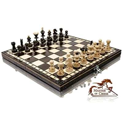 Image of Master of Chess PEARL 35cm / 14 in Popular Europen Set Hand Crafted Board and Pieces Sets with Burnt Ornaments Luxury for Kids Adults 4 Colors
