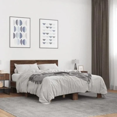 Image of vidaXL Engineered Wood/Metal Brown Oak Bed Frame 140x190 cm Double Size Modern Bedroom Furniture Sturdy Plywood Slats No Mattress