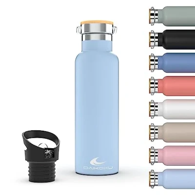 Image of Daikoku Bottle Double Wall Stainless Steel Thermos Flask Keeps Drinks Hot or Cold for Hours Two Caps, Sky Blue, 750ml
