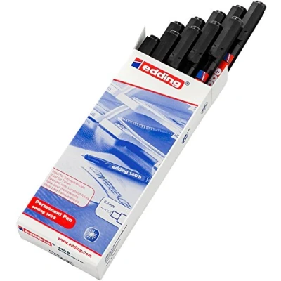 Image of edding 140 S permanent pen black 10 pens round nib 0.3 mm for writing on glass, plastic, foils and smooth surfaces permanent, quick drying, smudge proof waterproof