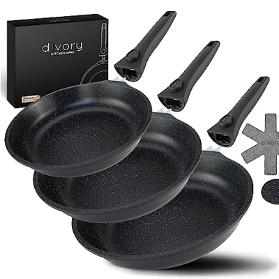 Image of DIVORY pan Set 3 Piece 20cm, 24cm, 28cm with Removable Handle, Induction, Non Stick Coated Frying high + Protector Induction
