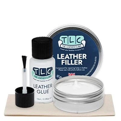 Image of The Leather Clinic Filler &amp; Glue Repair Kit Fix Rips Tears Holes in Furniture Sofas Car Seats More Quick Dry Flexible Patch Included (Blue, 50ml)