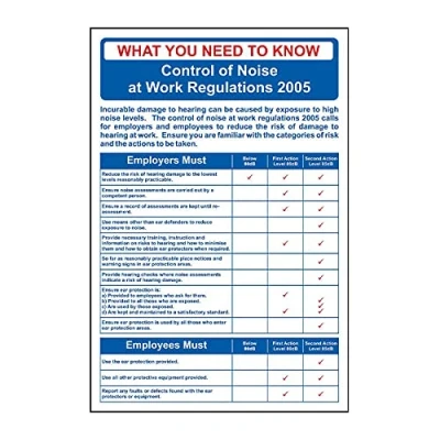 Image of What You Need To Know Noise At Work 2005 Safety Sign, 1.2mm Recyclable Polypropylene, W400mm x H600mm