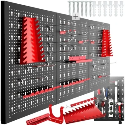 Image of TecTake® Tool Storage Pegboard inc. 25 Hooks and Holders Garage, Van, Shed or Workshop Easy to Install, Expandable Design, Universal Hole Spacing Space Saving Craft &amp; Wall Organisation