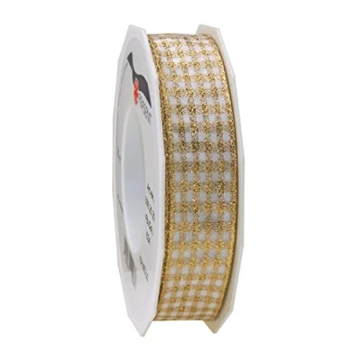 Image of Prasent 20 m 25 mm Vichy Metallic Wired Decorative Woven Ribbon, Gold/White