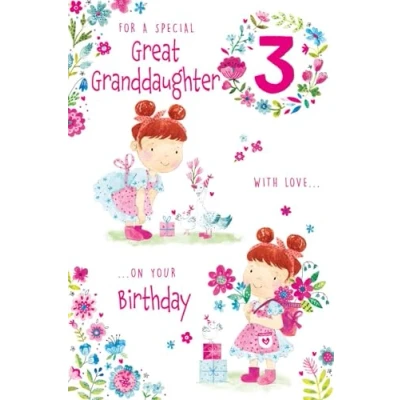 Image of Paper Rose Special Great Granddaughter 3rd Birthday Card Age 3 Cute Girl in Apron with Birds &amp; Flowers Design Foil Details Eco Friendly and Recyclable