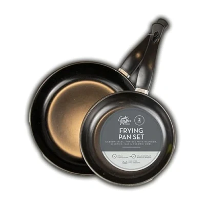 Image of Non Stick Frying Pan Set 2 Pcs Durable Carbon Steel Kitchen Pans with PTFE Coating Scald Resistant Bakelite Handles Compatible Gas Electric Ceramic &amp; Halogen Hobs Easy to Clean