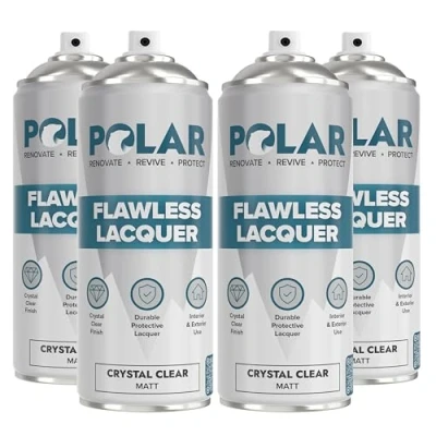 Image of Polar Flawless Clear Lacquer Spray 4 x 400ml Matt Finish Non Yellowing &amp; Scratch Resistant Interior Exterior Surfaces for Wood, Metal, Plastics, Glass Ceramics