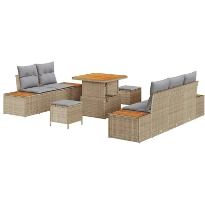 Image of vidaXL 8 Piece Garden Sofa Set with Cushions Beige Poly Rattan Acacia