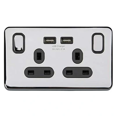 Image of Schneider Electric Lisse Screwless Deco Switched Double Power Socket with USB Charging Ports, Single Pole, 13A, GGBL30202USBABPCS, Polished Chrome Black Insert