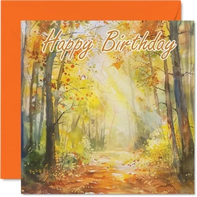 Image of Birthday Cards for Women Men Watercolour Forest Orange Happy Card Mum Dad Brother Sister Uncle Auntie Cousin Grandad Nanny Friend 145mm x Bday Greeting
