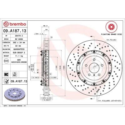 Image of 40206JF20A brake disc BREMBO two PIECE FLOATING DISCS LINE 09.A187.13 380mm 34mm 5 perforated/vented, part Coated High carbon