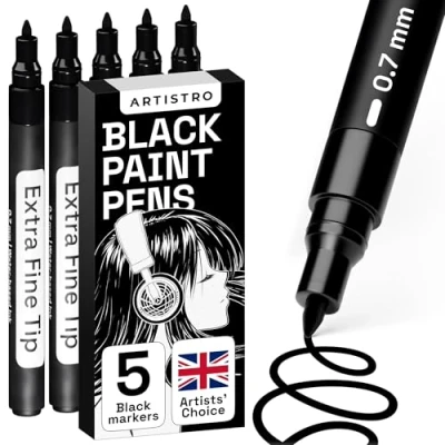 Image of ARTISTRO 5 Black Paint Pens set for Rock Painting, Stone, Ceramic, Glass, Wood, Tire, Fabric, Metal, Canvas. Calligraphy Pen, Markers Acrylic Painting Extra Fine Point Tip
