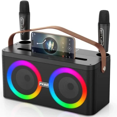 Image of PKBD Karaoke Machine with Phone/Pad holder, Portable Bluetooth Speaker Two Wireless Microphones/LED Lights/PA System,Support Microphone Placement for Home Party, Outdoor/Indoor/Birthday Gifts
