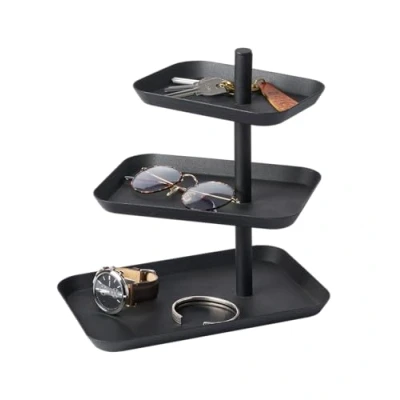 Image of YAMAZAKI Home Accessory Tray 3 Tier Jewelry Holder and Storage Organizer Steel, Alloy, Black, Standard Size