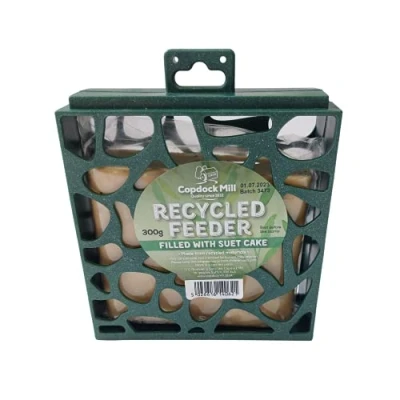 Image of Copdock Mill Recycled Small Bird Feeder Filled With Wild Food Suet Cake, 360g Made From Materials Outdoor Station Strong Plastic Hanger Easy Refill Feeders