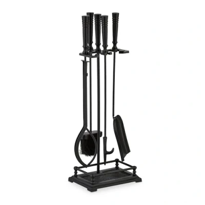 Image of Relaxdays 5 piece Fireplace Tool Set, Poker, Ash Shovel, Broom, Tongs &amp; Stand, Fire Accessories, 64 x 23 16 cm, Black, Iron, Aluminium, Jute