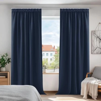 Image of Deconovo Thermal Insulated Curtains Window Treatments Pencil Pleat Blackout for Boys Bedroom Navy Blue W55xL70 Inch One Pair