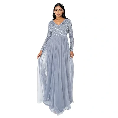 Image of Maya Deluxe Women&#039;s Ladies Dress Sleeve for Wedding Guest V Neck High Empire Waist Maxi Long Length Evening Bridesmaid Prom, Line, 14