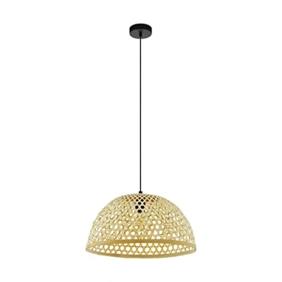 Image of EGLO Claverdon Pendant Light, 1 Bulb Lamp, Vintage, Natural, Boho, Hygge, Light Made of Steel, Wood in Black, Natural Colours, Dining Table Living Room Hanging with E27